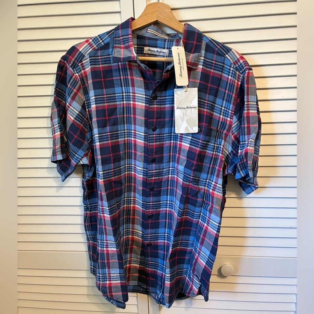 NWT Tommy Bahama Navy, Red, and White Short Sleeve Plaid Button Down Shirt